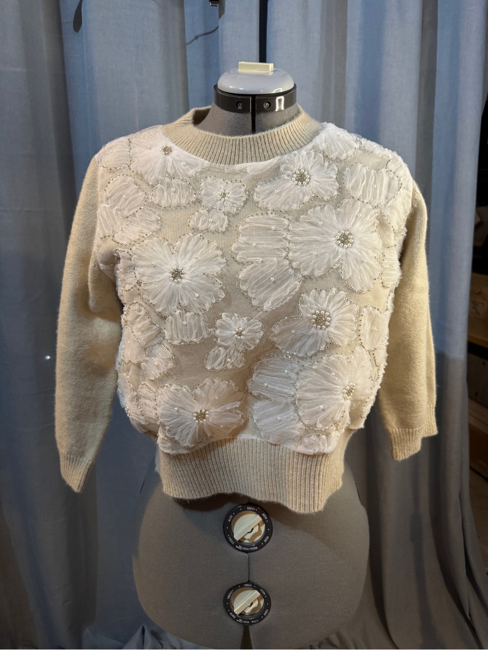 Astr Cream Crewneck Sweater with White Floral Appliqué